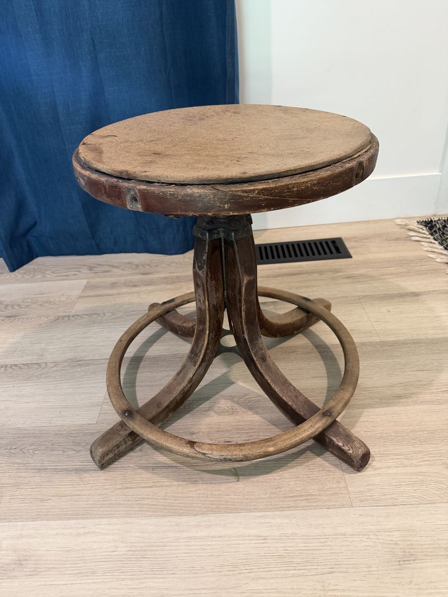 Vintage Wooden Stool Round Seat Industrial Style