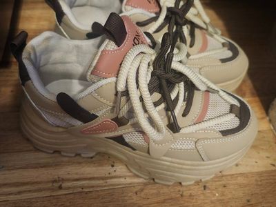 Chunky Beige & Pink Athletic Sneakers.