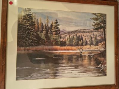 Framed Fly Fishing Landscape Print in Wooden Frame