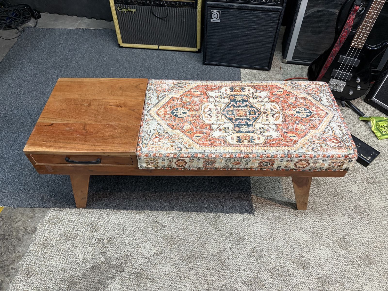Padded bench with drawer