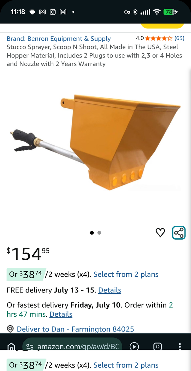 BES Benron Equipment & Supply Stucco Sprayer Scoop N Shoot Steel Hopper Spray Tool