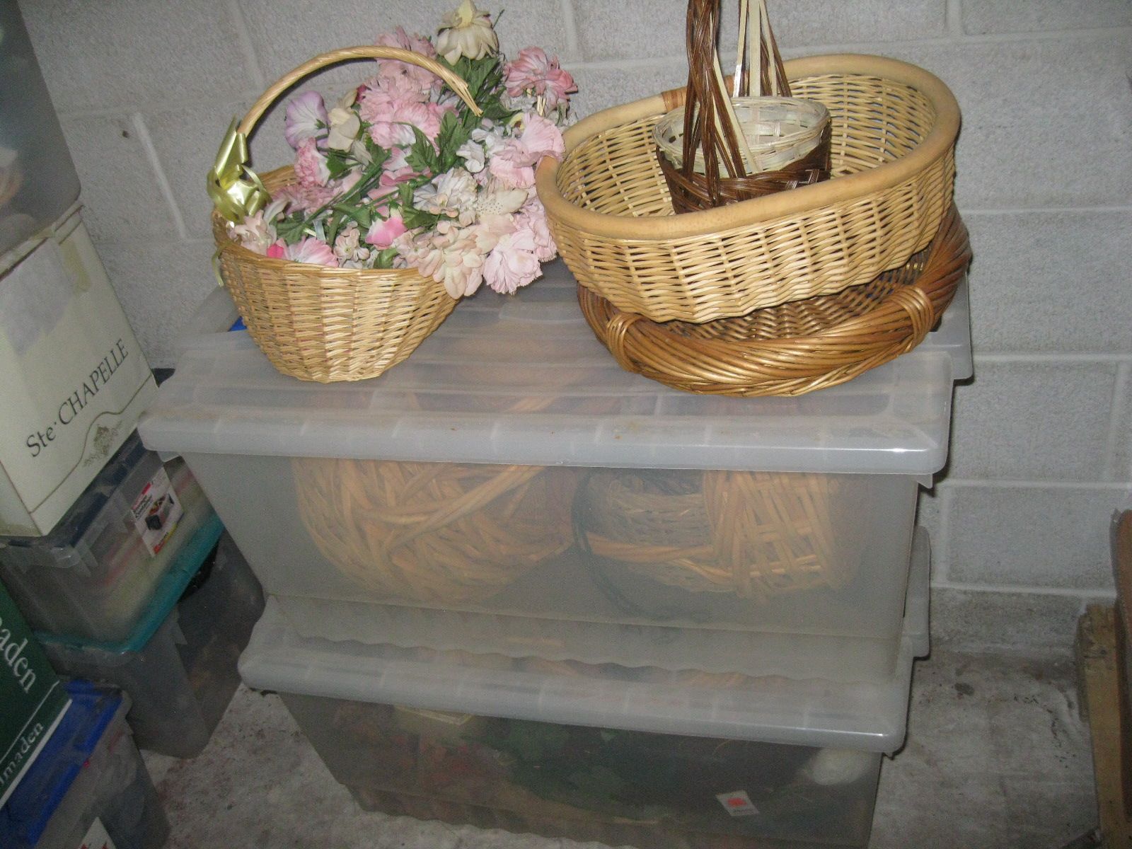 2 Large Boxes Of Wicker Baskets And Floral Decorations