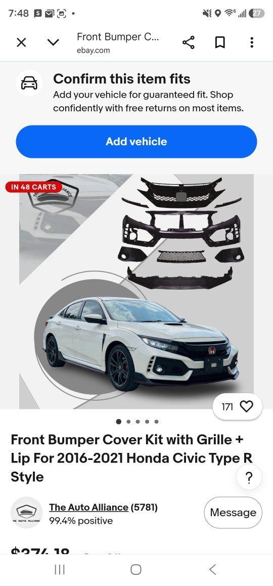 Front Bumper Cover Kit with Grille + Lip for 2016-2021 Honda Civic Type R Style