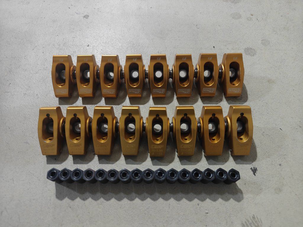 8-Comp Cams 1.6 Ratio Gold Roller Rockers 8-Crane Cams 1.5 Ratio Gold Roller Rockers with 7/16" Polylock Nuts