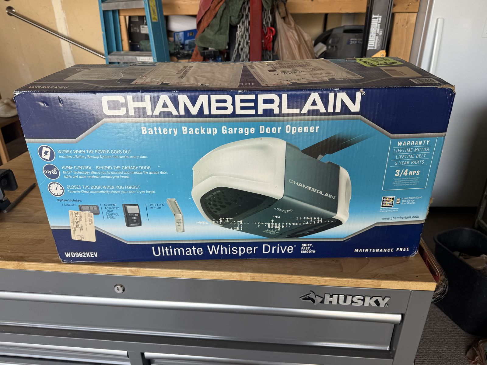 NIB Chamberlain Ultimate Whisper Drive, MyQ, belt garage door opener. Model WD962KEV