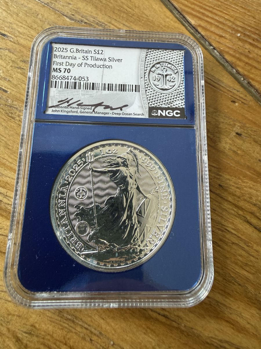 2025 MS 70 G. Britain Britannia SS Tilawa Shipwreck Silver NGC J. Kingsford Sign
