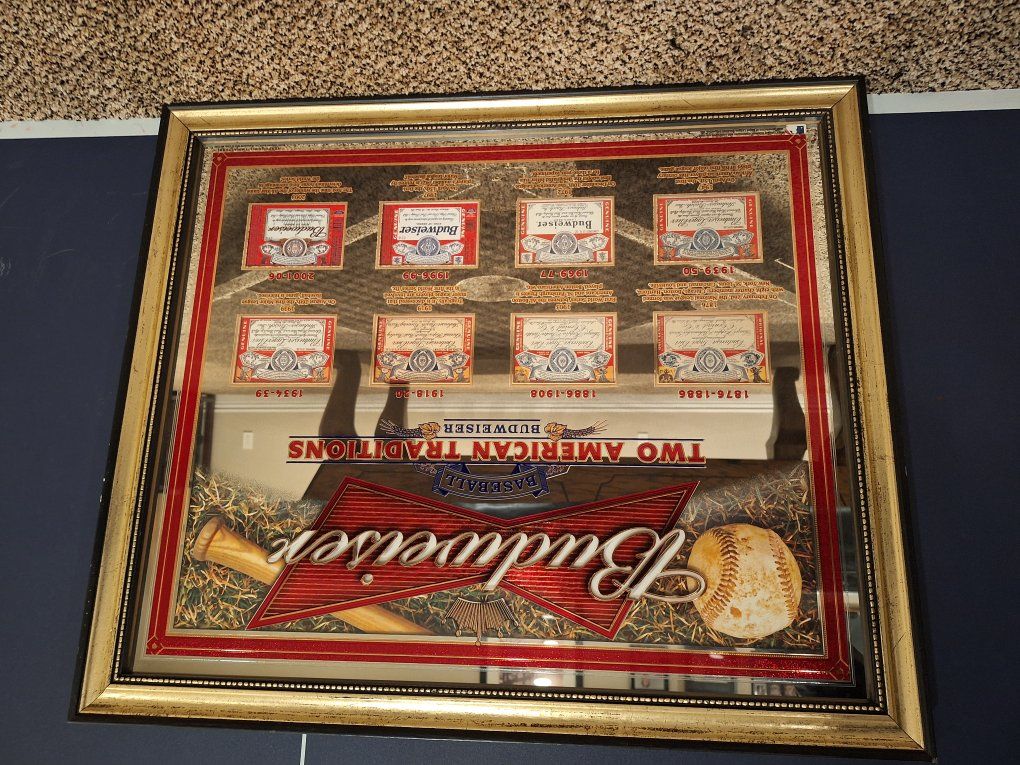 Two American Traditions Baseball and bud mirror.