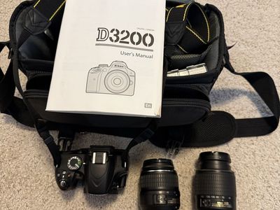 Nikon D3200 DSLR Camera with Two Lenses, Bag, and Manual - Great Condition