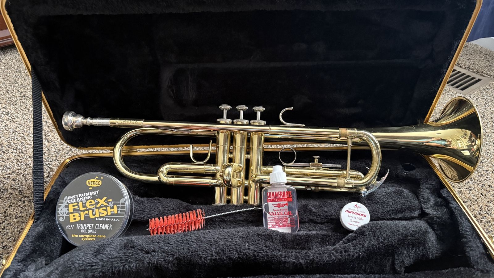 Bach Brass Trumpet and Case with Herco Trumpet Cleaning Kit & Valve Oil - Complete Care System