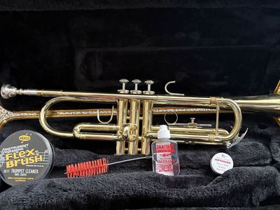 Bach Brass Trumpet and Case with Herco Trumpet Cleaning Kit & Valve Oil - Complete Care System