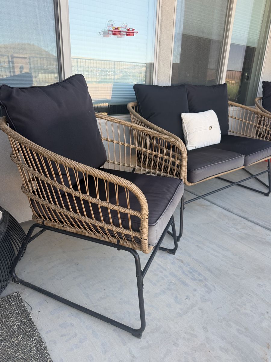 Beautiful Outdoor Wicker Patio Furniture Set - 2 Chairs & Loveseat with Black Cushions