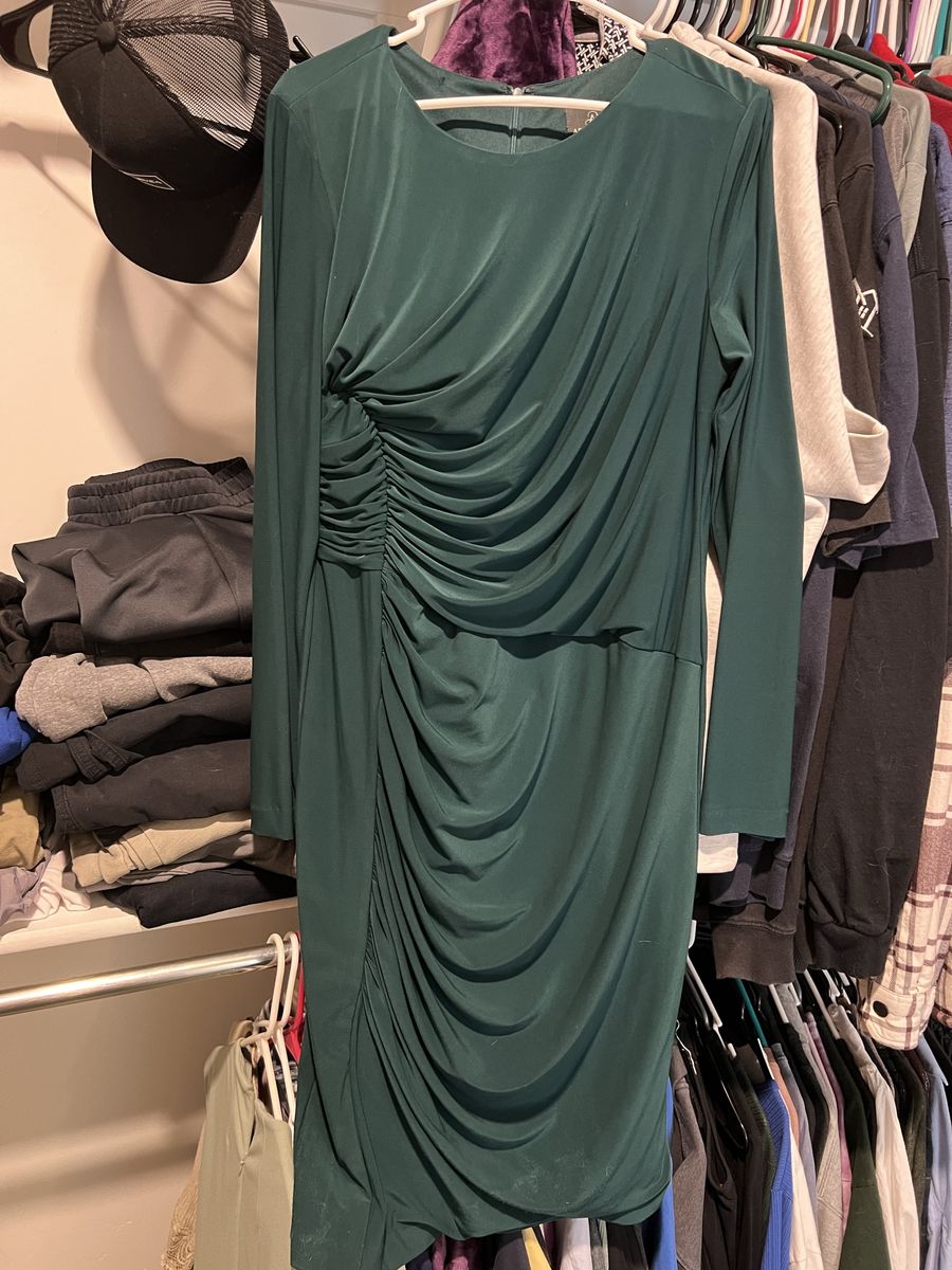 Emerald Green Ruched Long Sleeve Midi Dress - Flattering Draped Bodycon Style, Size 14