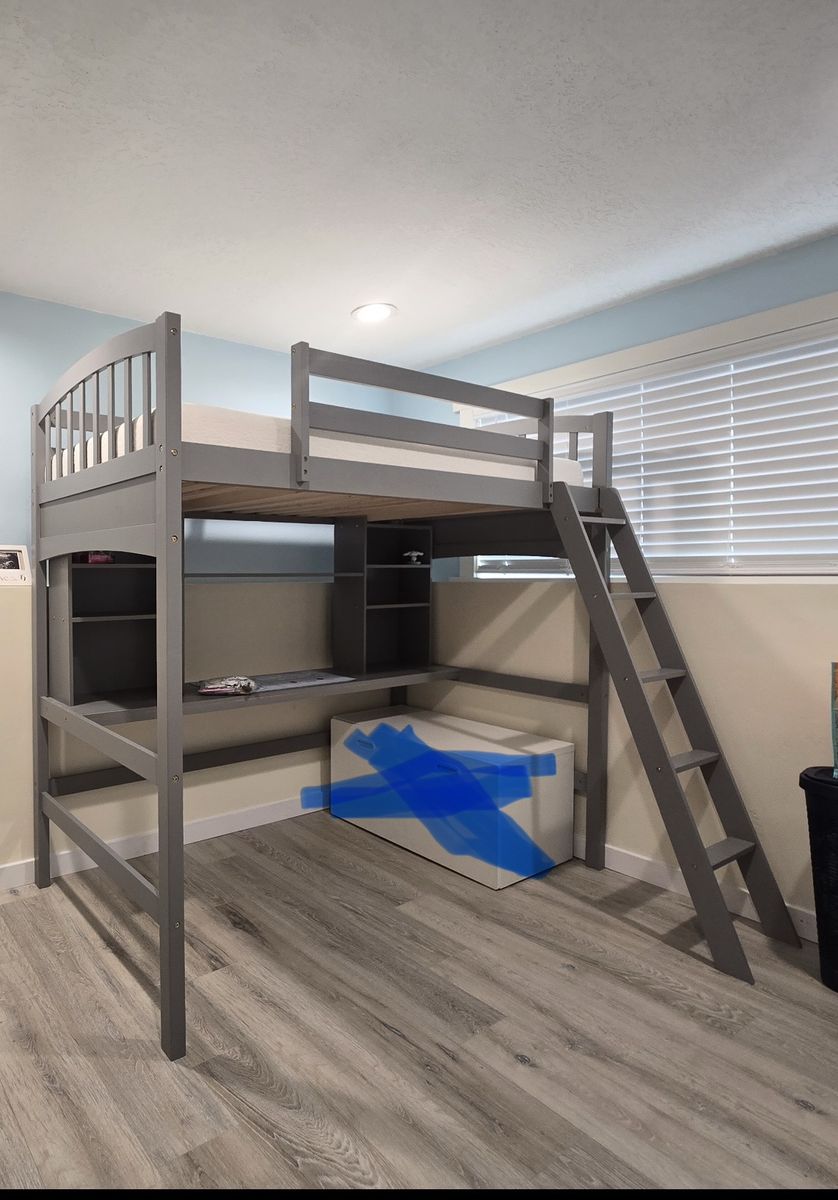 Gray Loft Bed Twin with Desk and Shelving MATTRESS INCLUDED Space Saving Design, Excellent Condition