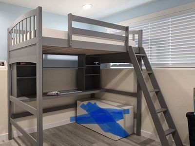 Gray Loft Bed Twin with Desk and Shelving MATTRESS INCLUDED Space Saving Design, Excellent Condition