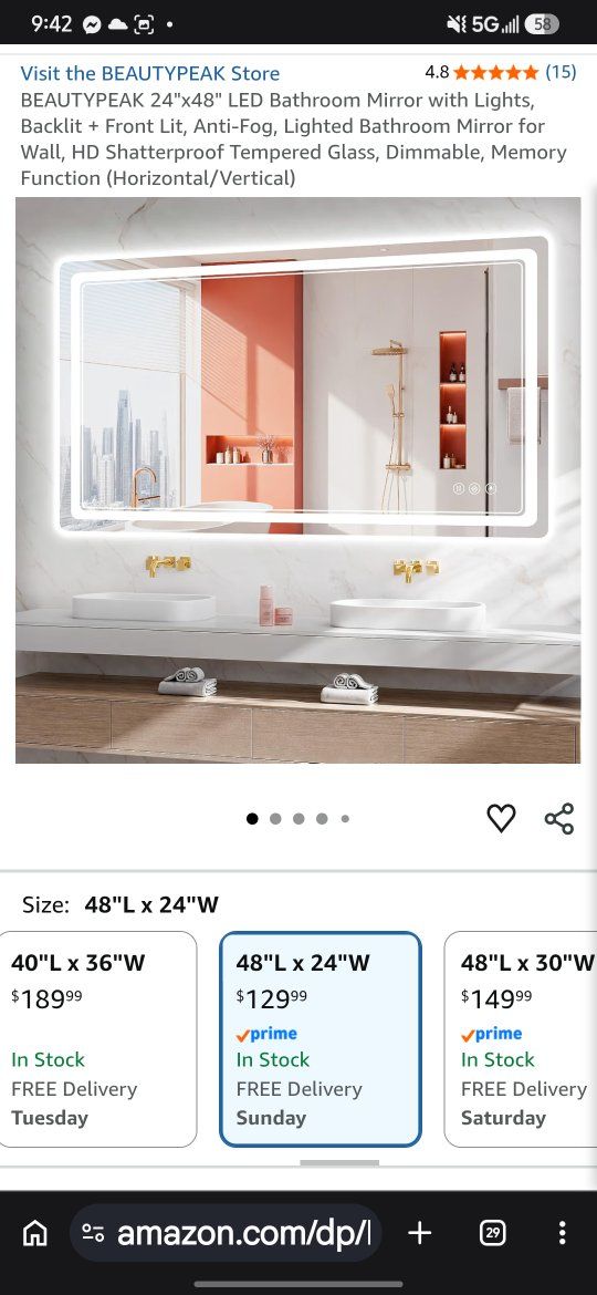 BEAUTYPEAK 48"x24" LED Bathroom Mirror with Lights, Backlit + Front Lit, Anti-Fog, Dimmable, Memory

Brand New in Box $75