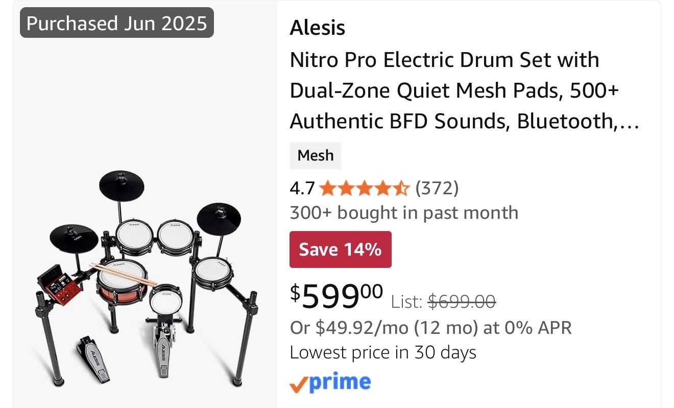 Alesis Nitro Pro Electric Drum Set with Dual-Zone Quiet Mesh Pads, 500+ Sounds, Bluetooth