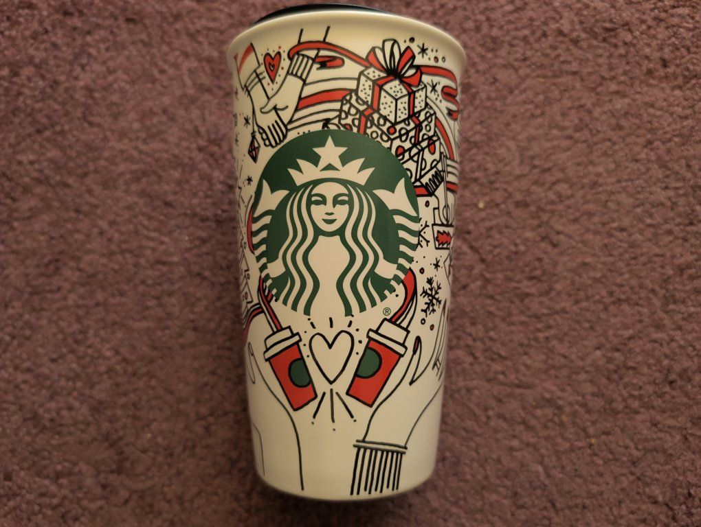 Starbucks Holiday 2017 Ceramic Travel Coffee Mug Cup with Lid - Hands & Presents Design