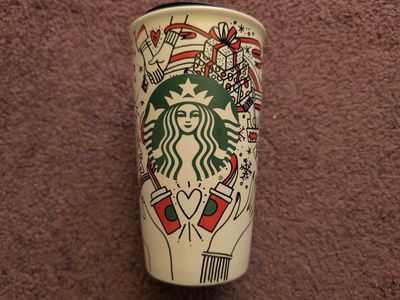 Starbucks Holiday 2017 Ceramic Travel Coffee Mug Cup with Lid - Hands & Presents Design