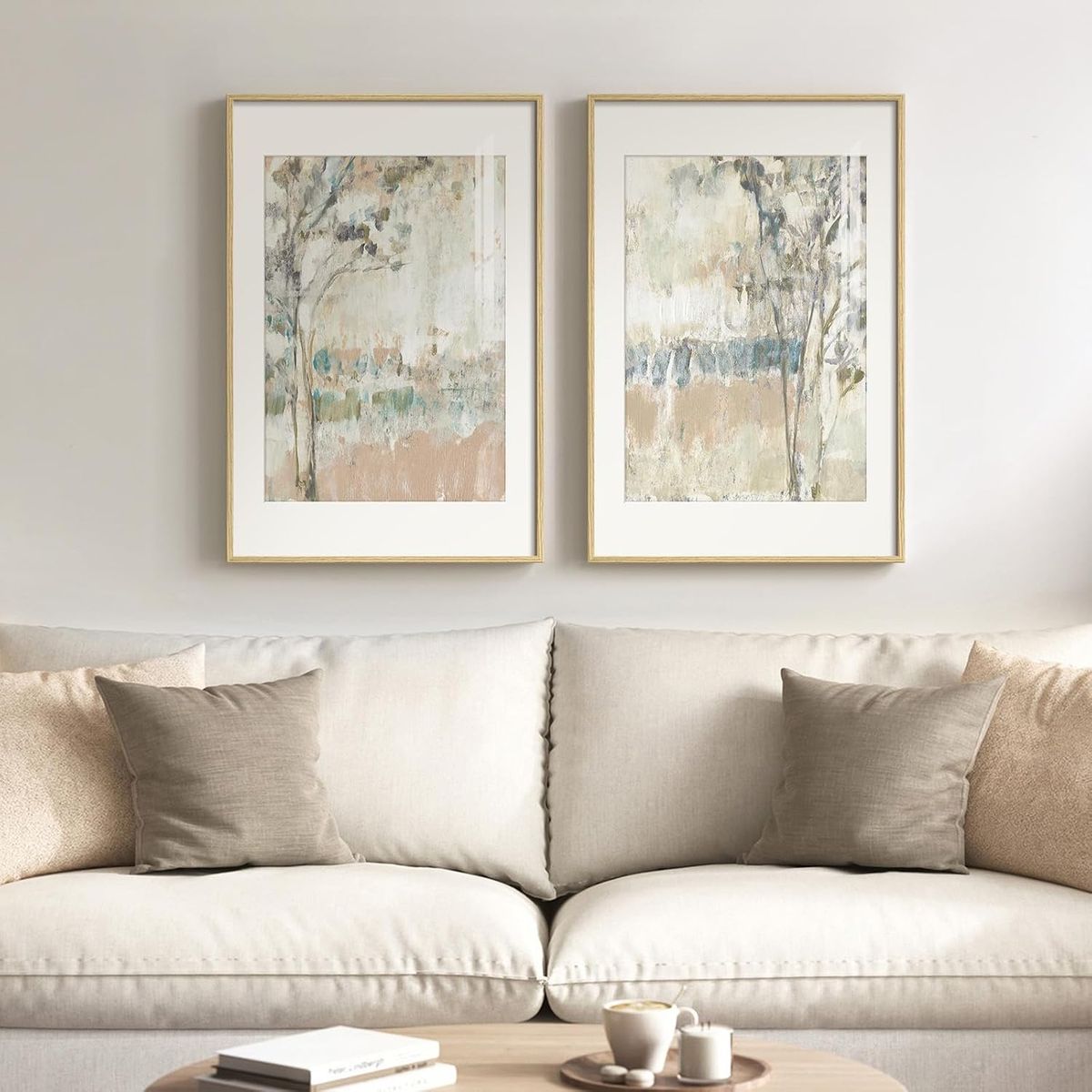NEW Framed Neutral Abstract Landscape Wall Art for Bedroom, Set of 2 Tree Canvas
