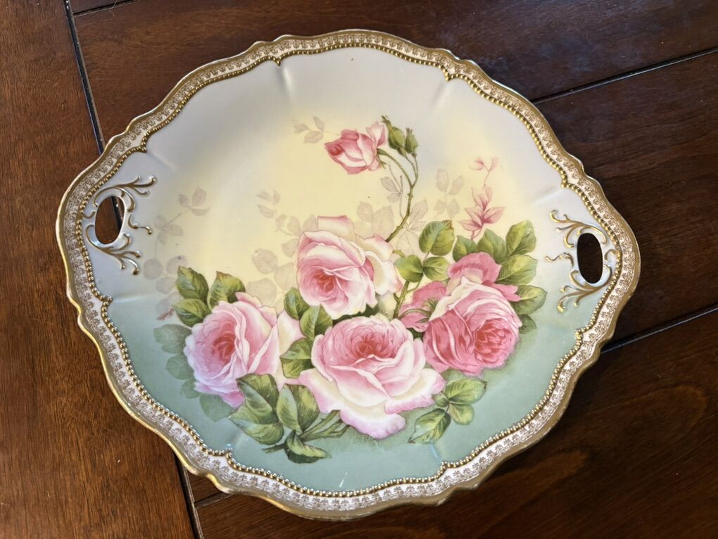 O&EG Royal Austria Platter Pink Roses Gold Edge