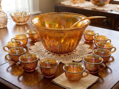 Indiana Glass Iridescent Marigold Carnival Glass Punch Bowl, 12 Cups, Ladle