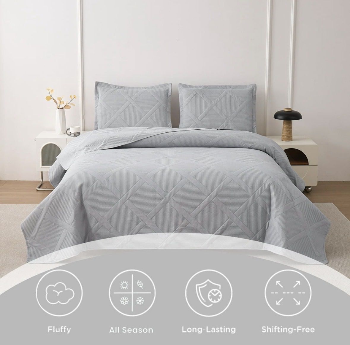 New! Solid Color Quilt Set Queen/Full Size, light gray Bedspread Coverlet Microfiber Bedding Lightweight Reversible Set
