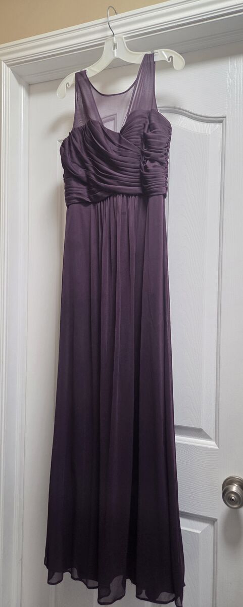 David's Bridal long mesh illusion sweetheart neckline dress in a plum color.
