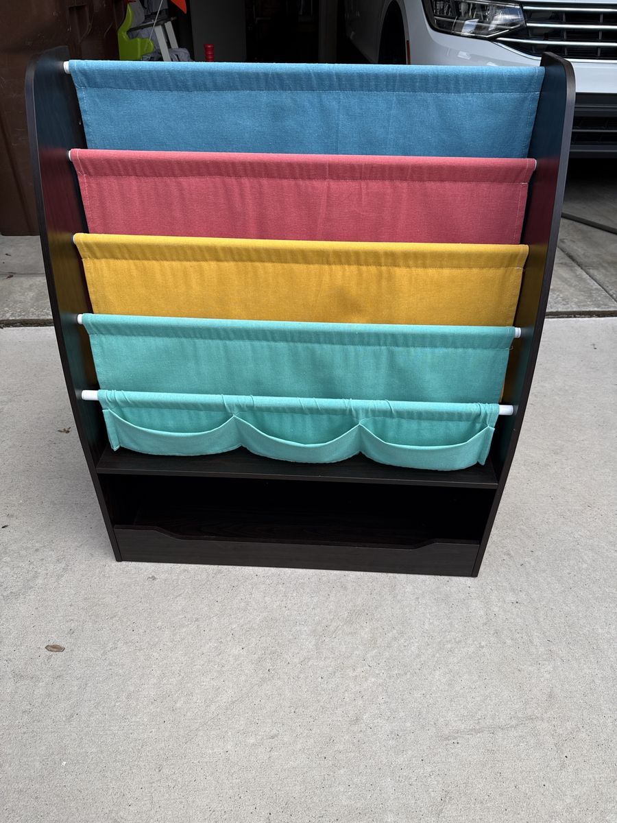 Children's Multicolor Fabric Bookcase with Sling Pockets