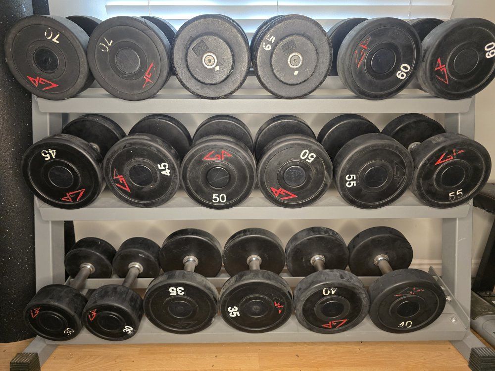 GP professional grade dumbbells 5-70 lb pairs&rack