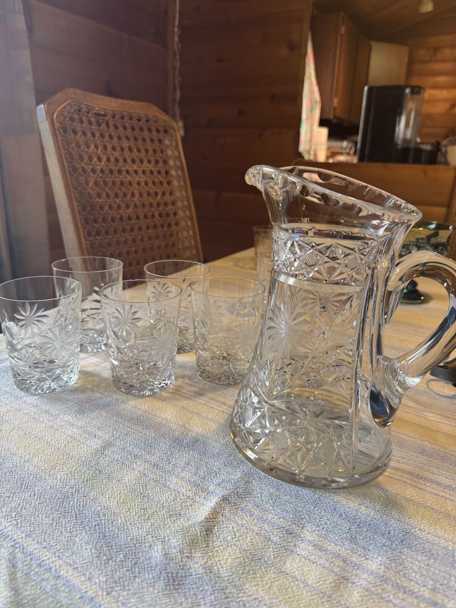 Vintage Glass Pitcher & Cups Set - American Brilliant Period