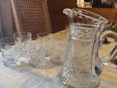 Vintage Glass Pitcher & Cups Set - American Brilliant Period