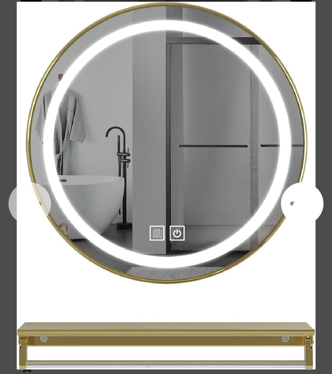 New, Gold Frame Round LED Bathroom Mirror with Floating Shelf, 20 Inch Wall Mounted Lighted Bathroom