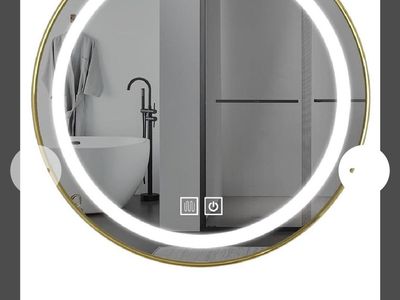 New, Gold Frame Round LED Bathroom Mirror with Floating Shelf, 20 Inch Wall Mounted Lighted Bathroom