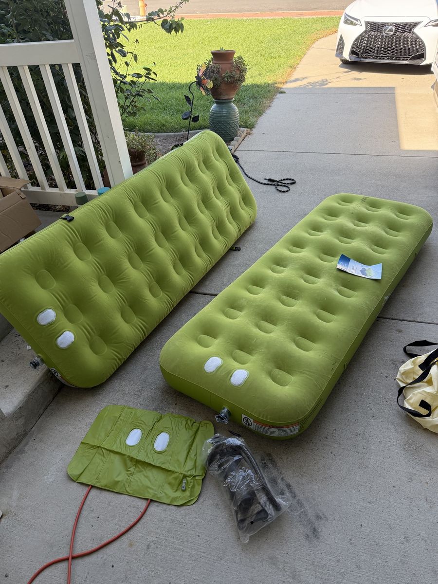 Pair of Green Inflatable Camping Air Mattresses with Pump