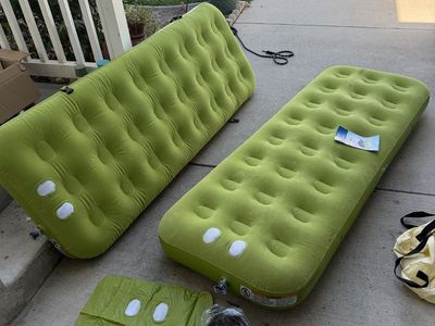 Pair of Green Inflatable Camping Air Mattresses with Pump