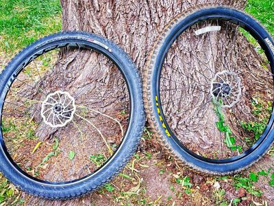 Roval 29er thru-axle non boost wheels with tires and rotors