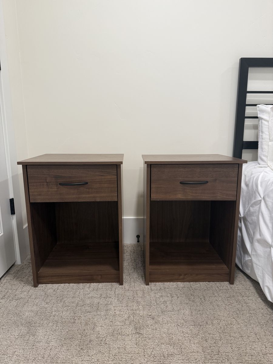 Pair of Wood-Look Nightstands - Brown with Single Drawer and Open Shelf