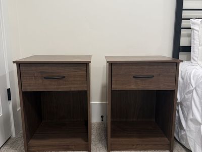 Pair of Wood-Look Nightstands - Brown with Single Drawer and Open Shelf