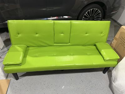 Modern Green Faux Leather Futon Sofa Bed w/ Cup Holders, Removable Armrests and legs.