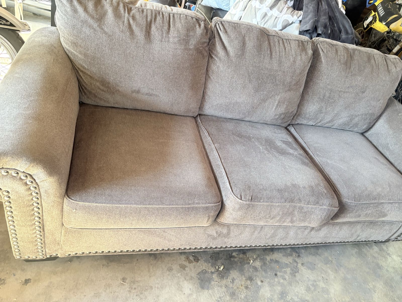 Gray Fabric Sofa with Nailhead Trim - 3 Seater Couch