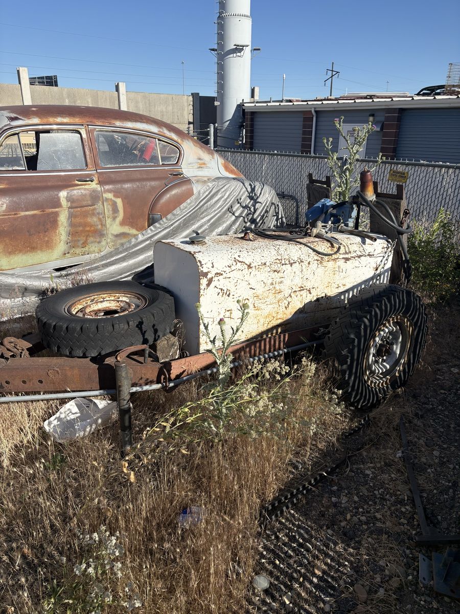 Vintage Utility Trailer with Tank & Spare Tire - Rustic Farm / Industrial Decor Project
