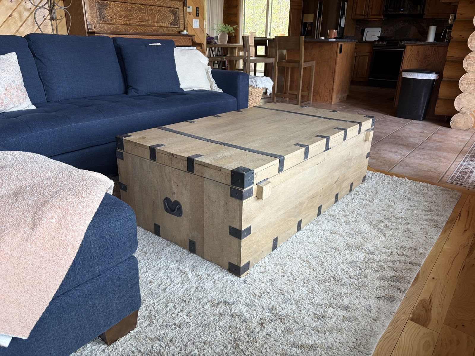 Large Rustic Wood Storage Trunk Coffee Table - Industrial Style with Metal Accents