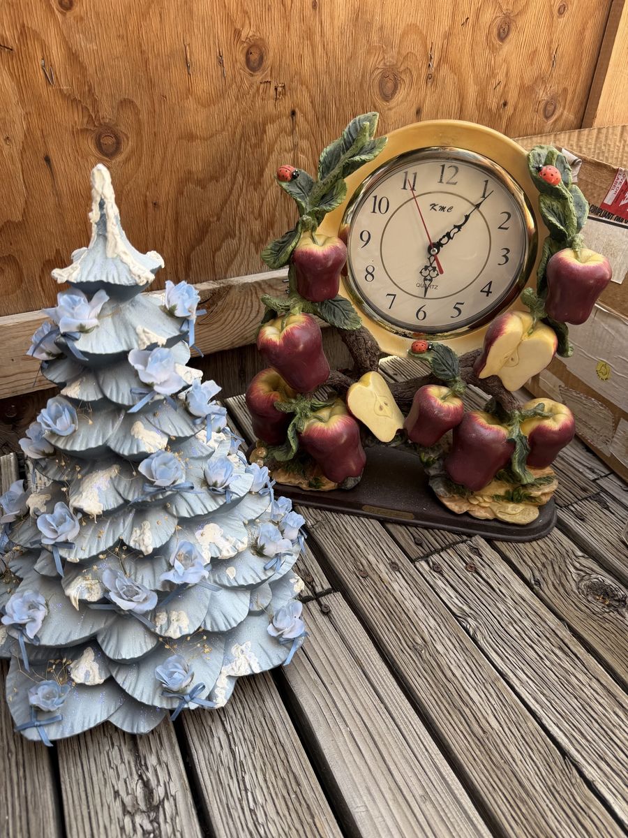 Vintage Kme Apple Quartz Clock and Light Blue Decorative Floral Tree Table Decor Lot