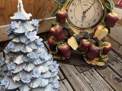 Vintage Kme Apple Quartz Clock and Light Blue Decorative Floral Tree Table Decor Lot