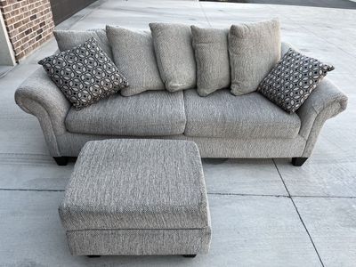 Contemporary Ivory/Brown Tweed Sofa and Ottoman with Decorative Pillows - Good Condition **FREE**