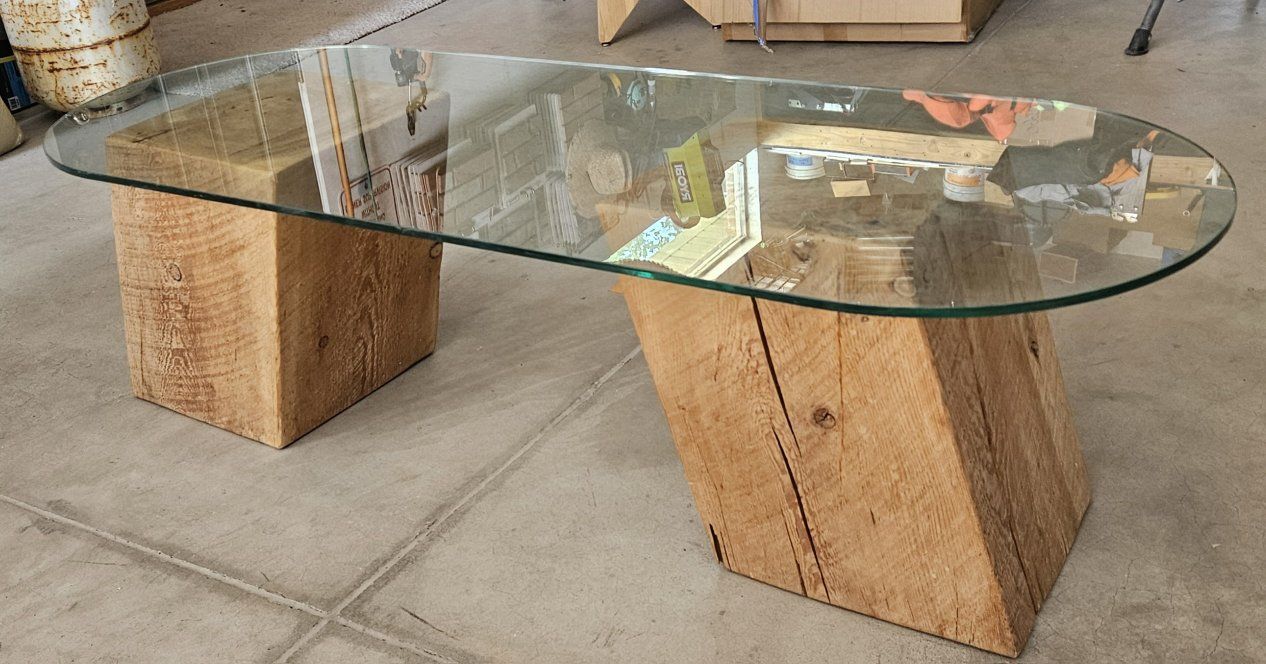 Unique Oval Glass Top Coffee Table with Wood Base - Rustic Modern Design