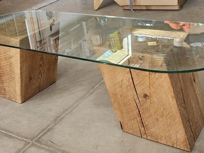 Unique Oval Glass Top Coffee Table with Wood Base - Rustic Modern Design