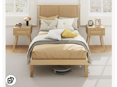 Twin bed frame with headboard rattan natural wood