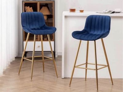 Set of 2 Modern Blue Velvet Bar Stools w/ Gold Legs - New in Box