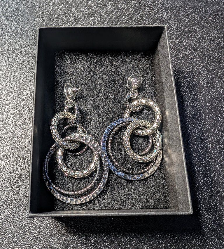 Chic Silver Tone Dangle Earrings - Multi-Ring Textured Design, Stud Back Closure